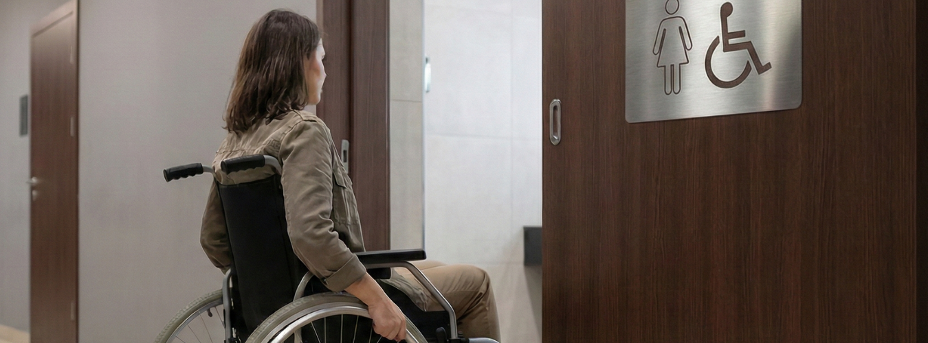 Pessoa em cadeira de rodas seguindo para um banheiro acessível em corredor de shopping